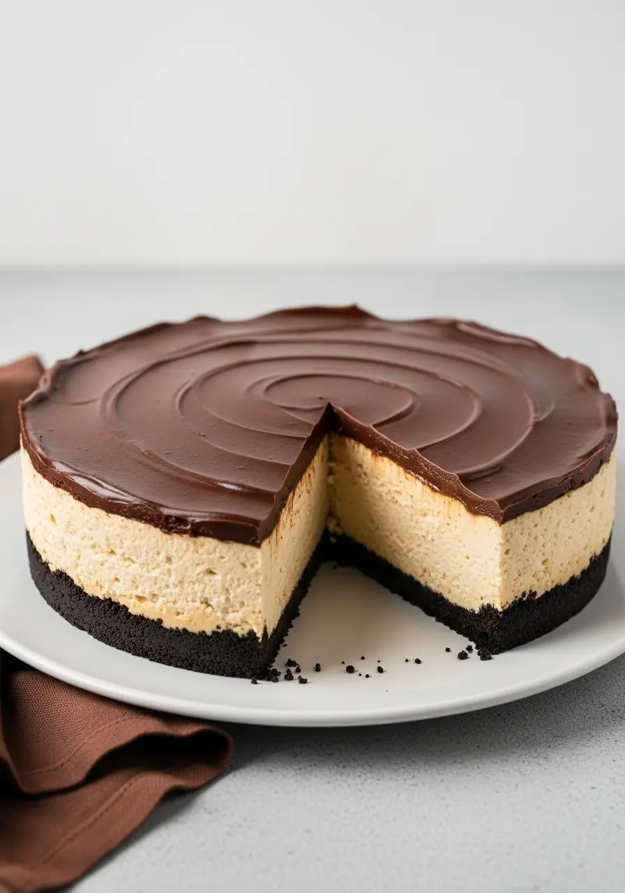 Peanut butter cheesecake with a slice missing on a large white plate.