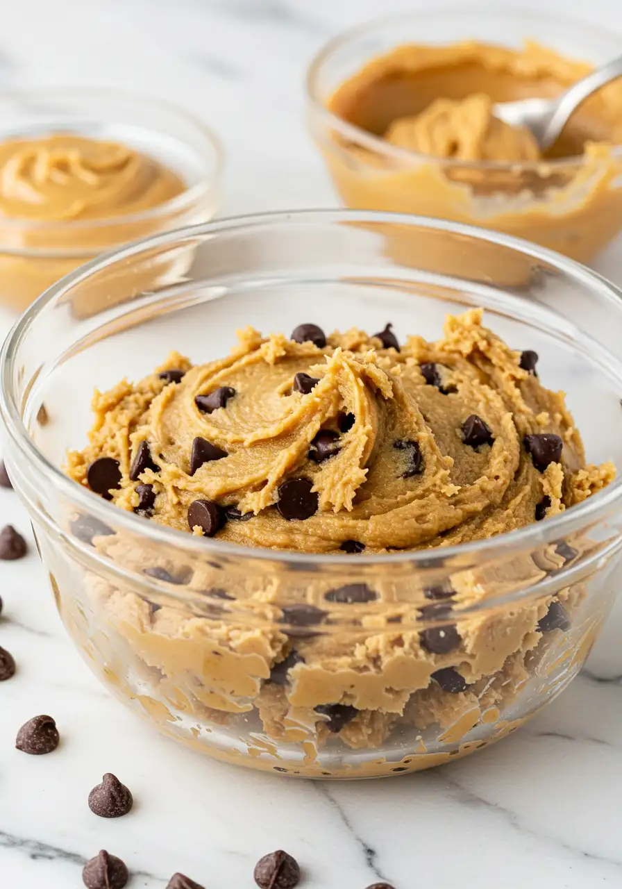 A glass bowl filled with peanut butter chocolate chip cookie dough placed on a white marble surface.