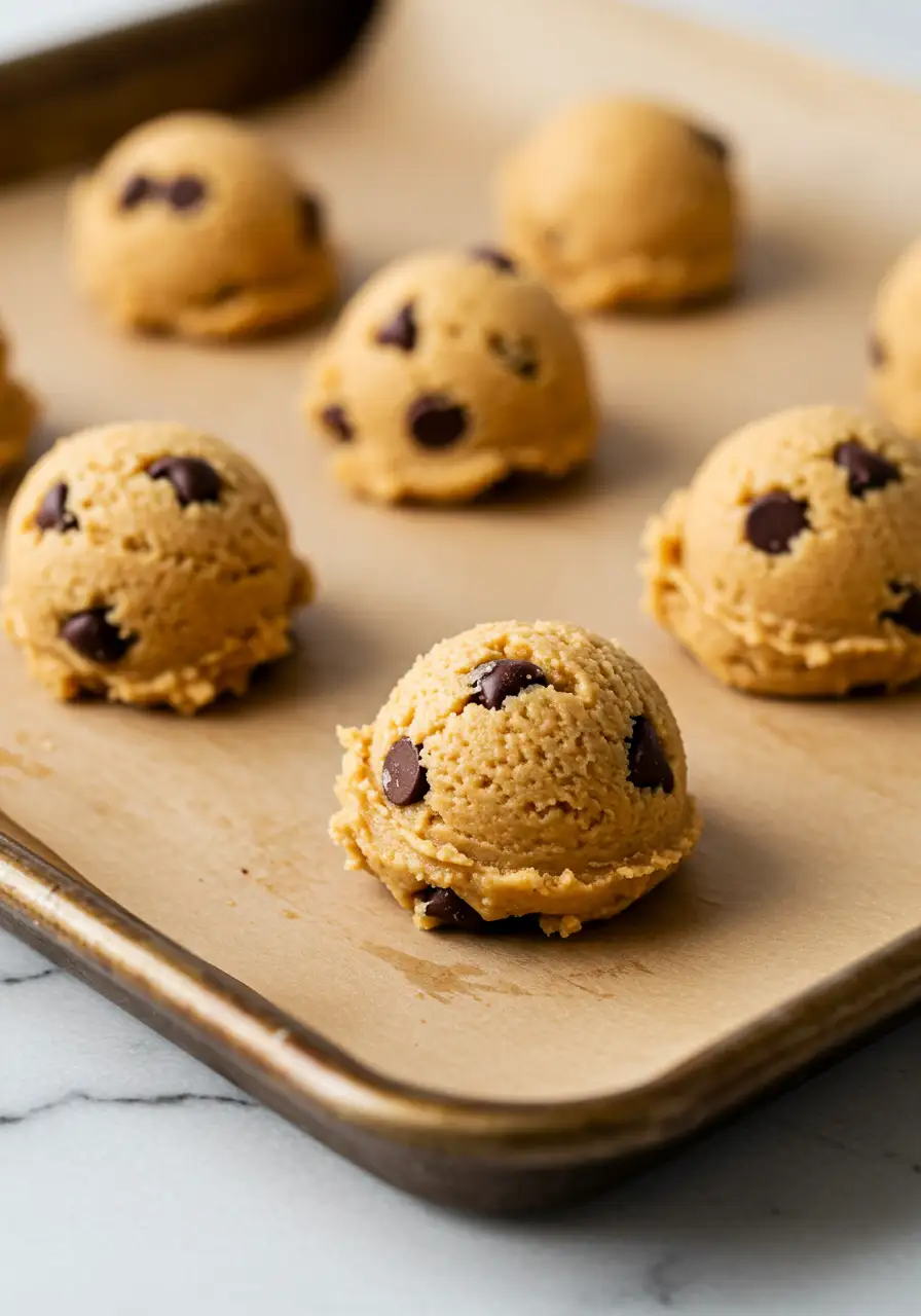 Peanut butter chocolate chip cookie dough balls on a baking sheet lined with parchment paper.
