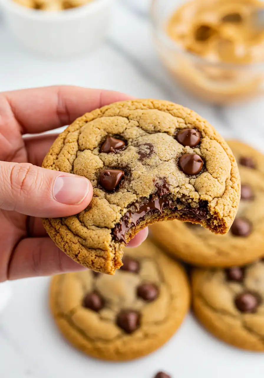 A hand holding a peanut butter chocolate chip Cookie with a bite taken out of it.