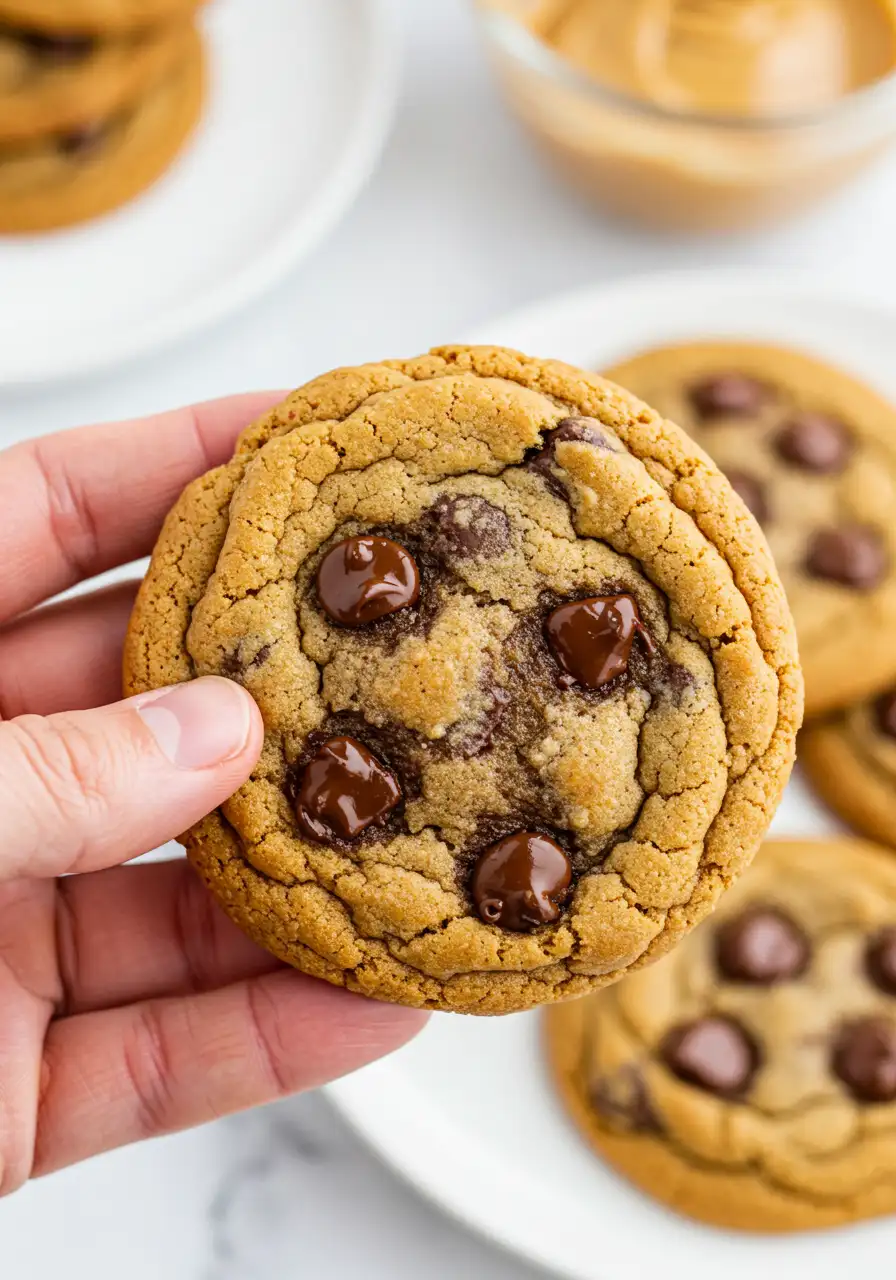 A hand holding a peanut butter chocolate chip Cookie.