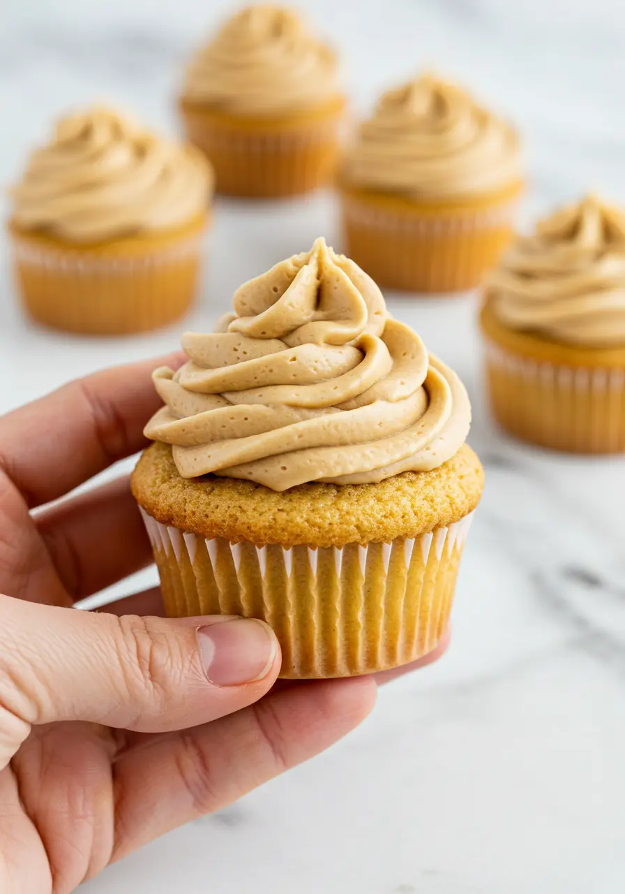 A hand holding a peanut butter cupcake.