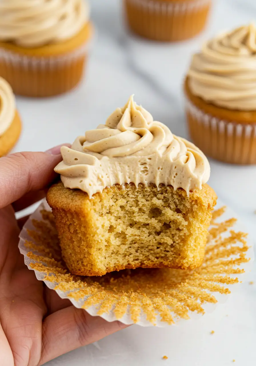 A hand holding a peanut butter cupcake with a bite taken out of it.