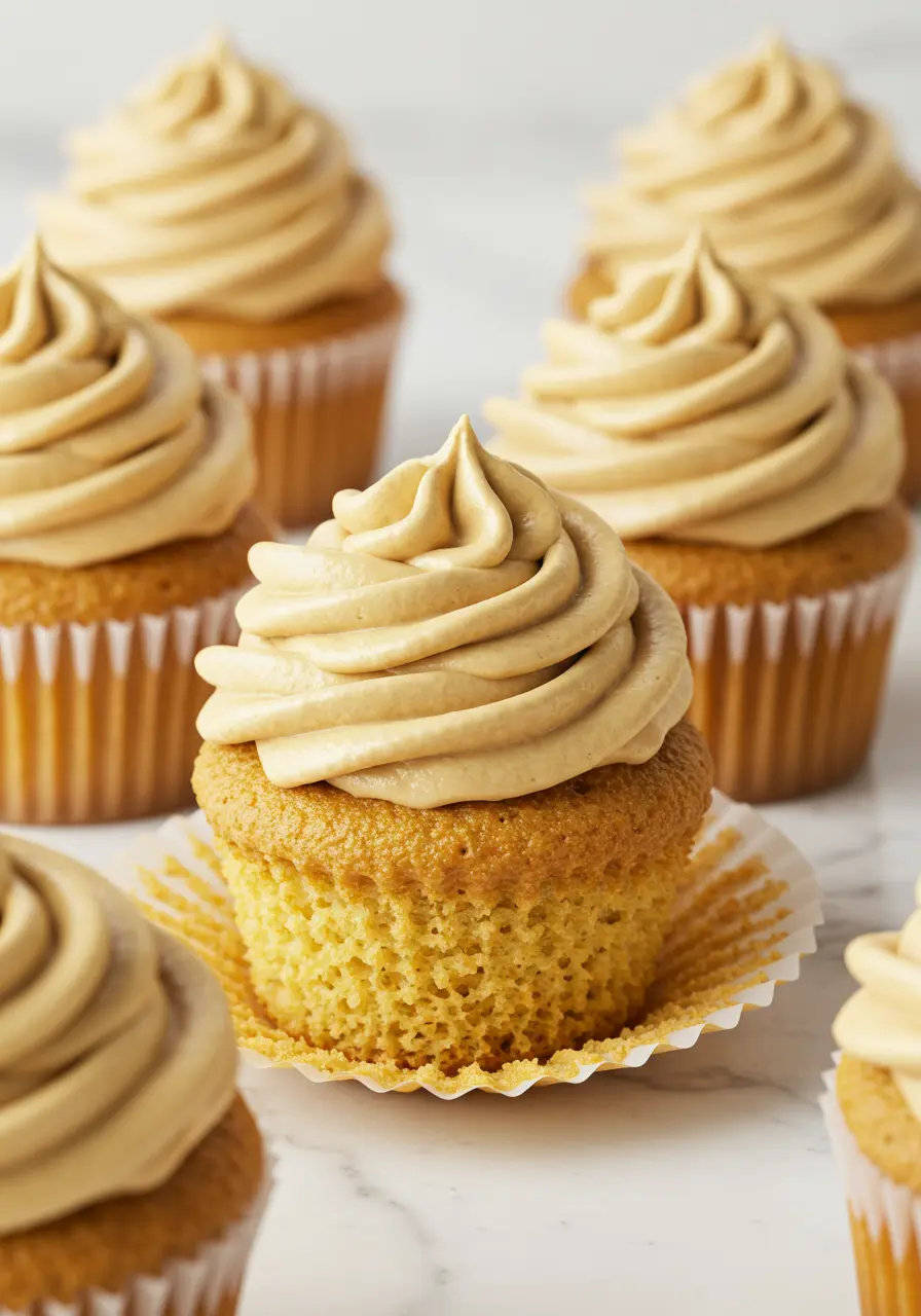 Peanut butter cupcakes placed on a white marble surface.