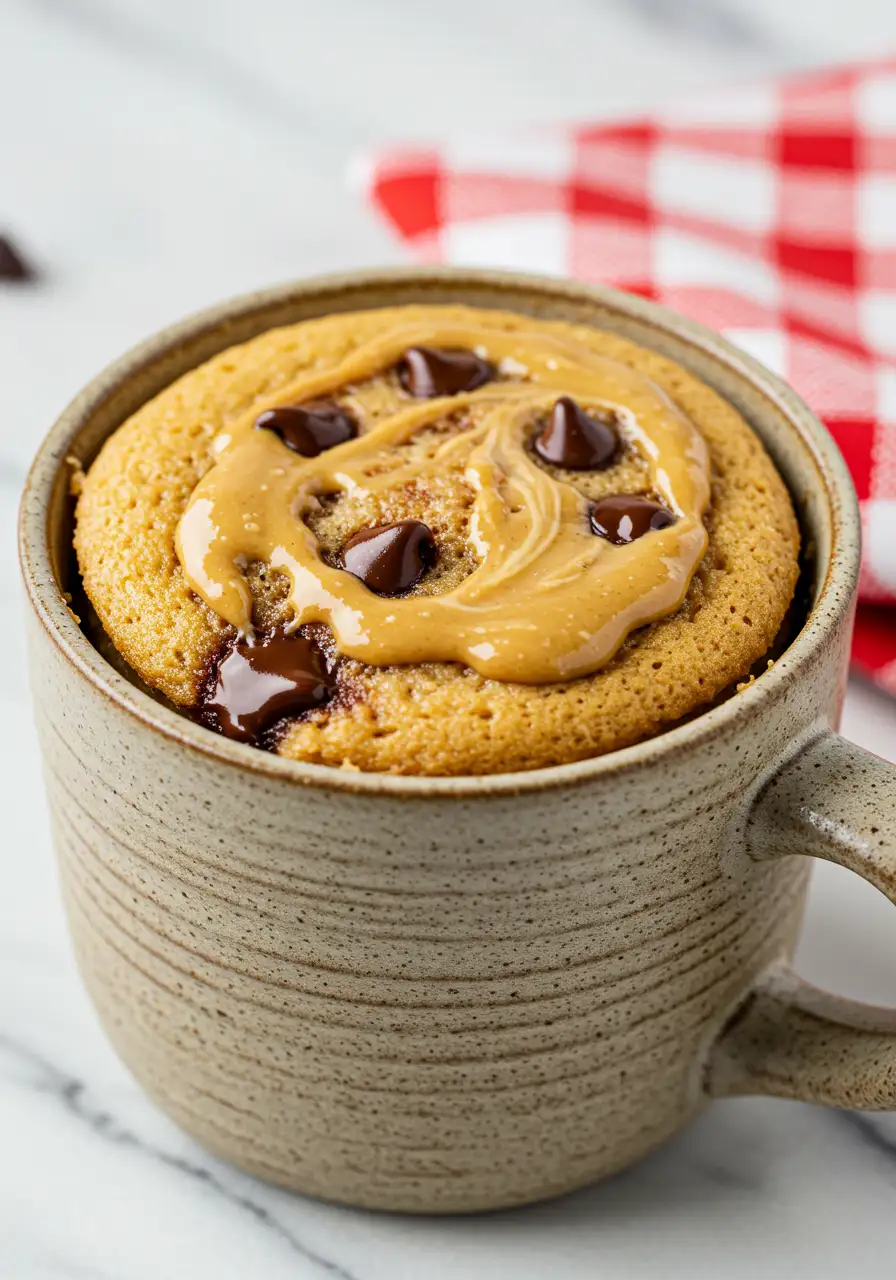 Peanut butter mug cake placed on a white marble surface and a red and white checkered napkin next to it.