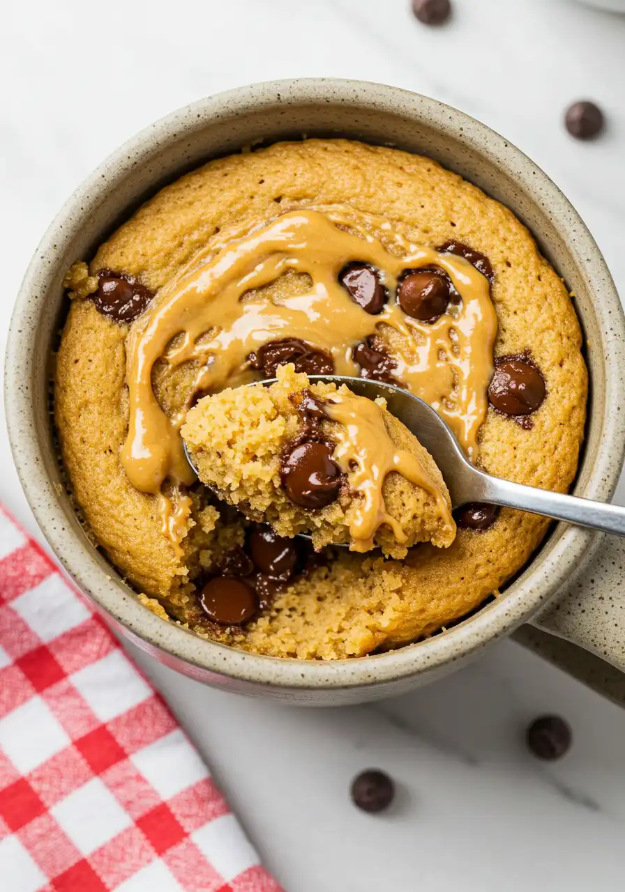 Peanut butter mug cake placed on a white marble surface with a spoon on it.