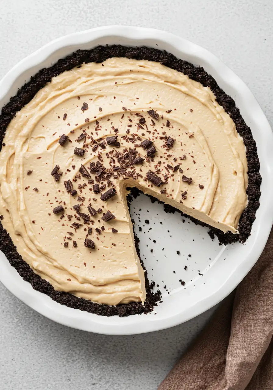 Peanut butter pie in a white pie dish with a slice missing.