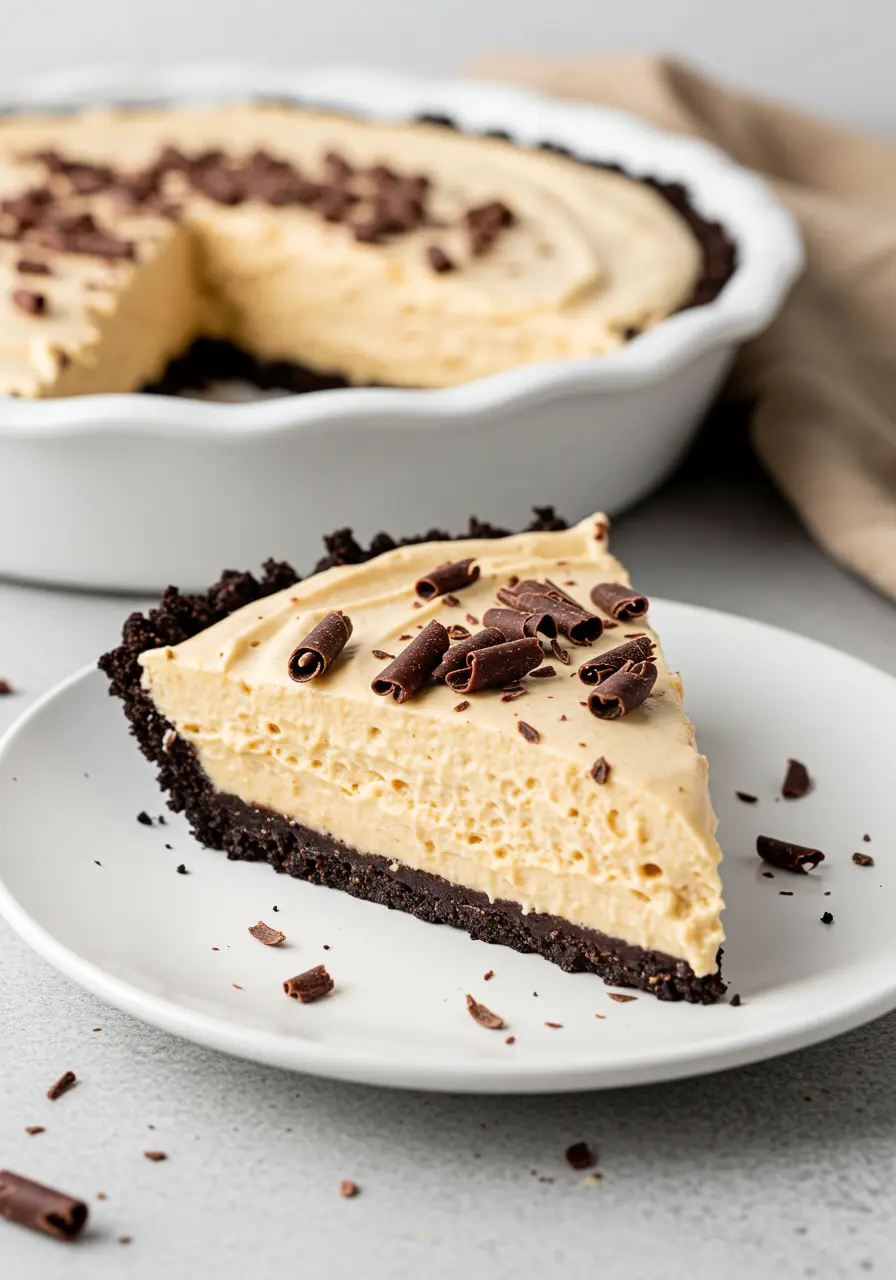 A slice of peanut butter pie on a white plate.