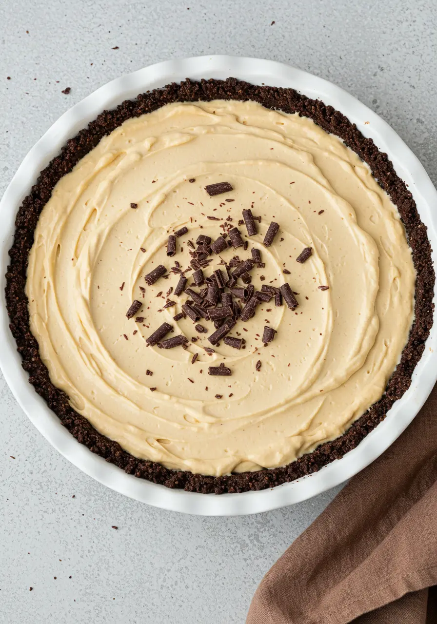 Peanut butter pie in a white pie dish and a brown napkin around.