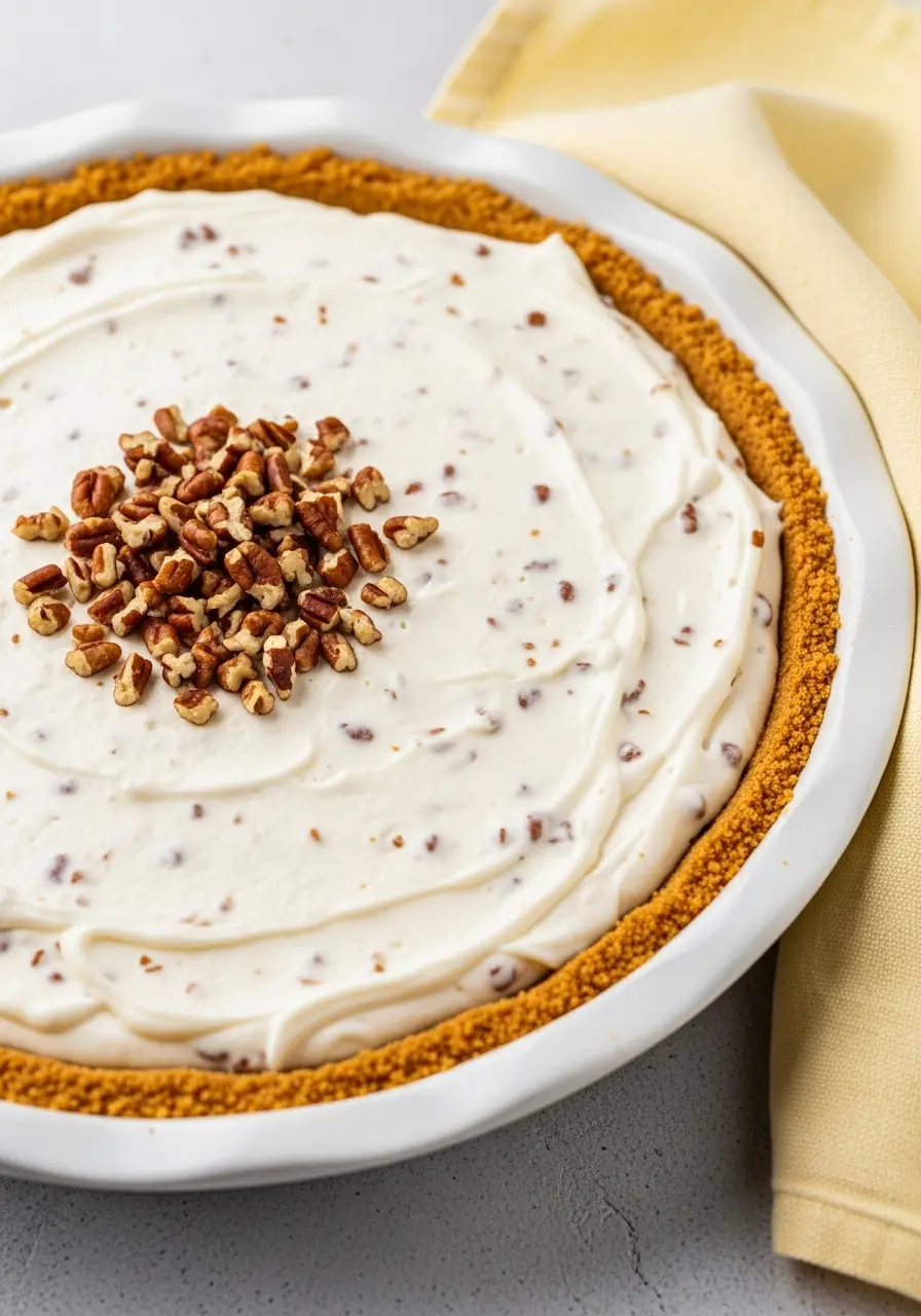 Pecan cream pie on a white pie dish.