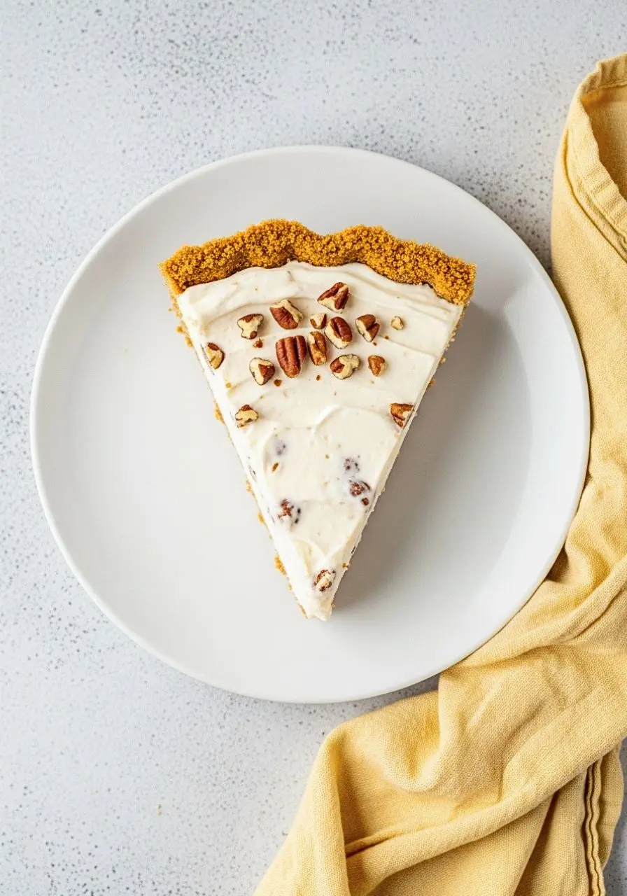 A slice of pecan cream pie on a white plate.