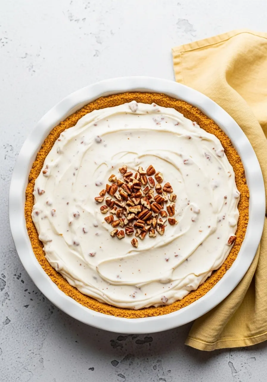 Pecan cream pie on a white pie dish.