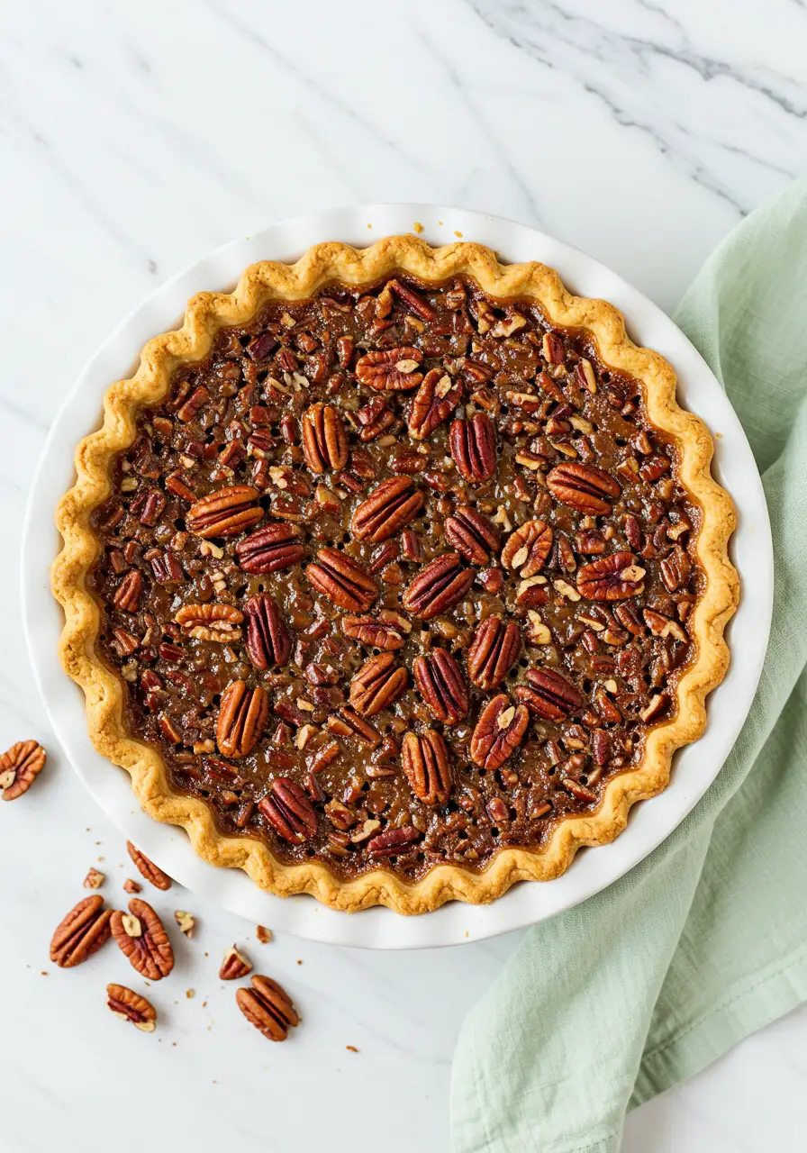 Pecan pie in a white dish against a marble surface and a green napkin next to it.