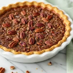 Pecan pie in a white dish and a green napkin next to it.