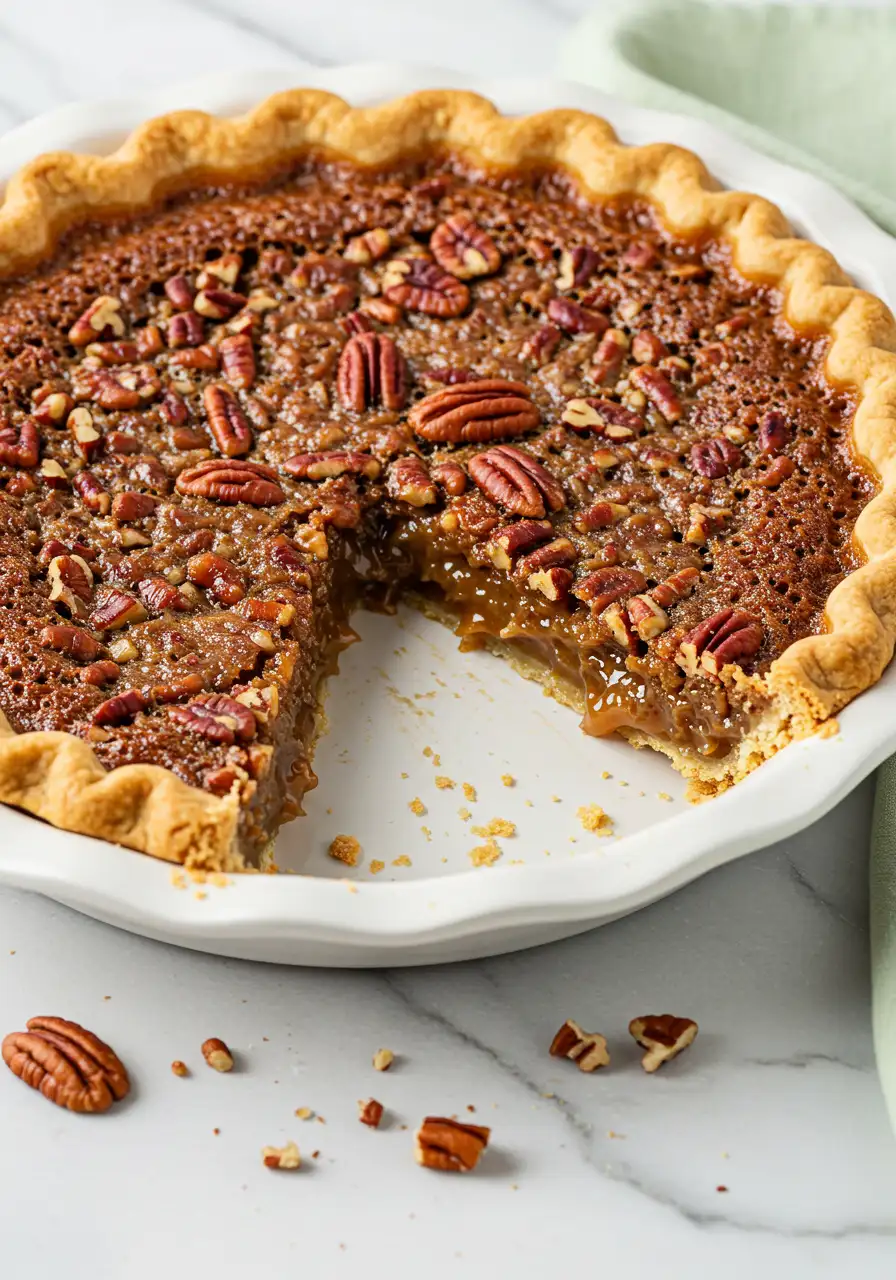 Pecan pie in a white dish with a slice missing.
