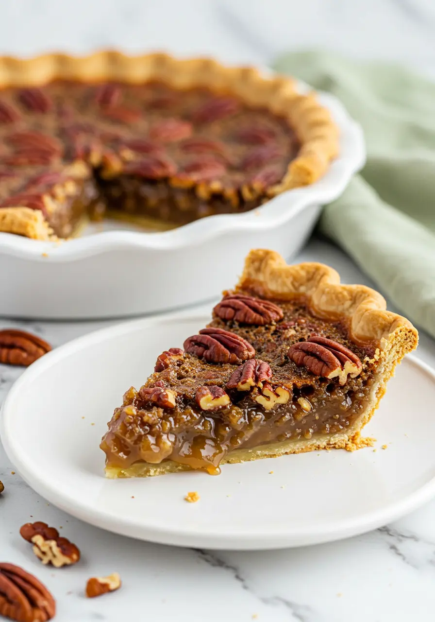 A slice of pecan pie on a white plate and the remaining dish in the background.