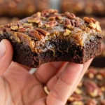 A hand is holding one pecan pie brownie with a bite taken out of it.