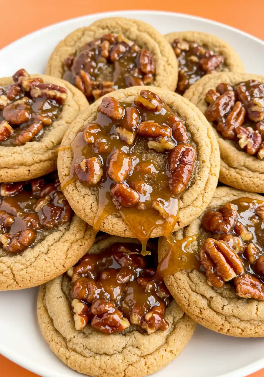 Pecan pie cookies on a white plate against a light orange surface.