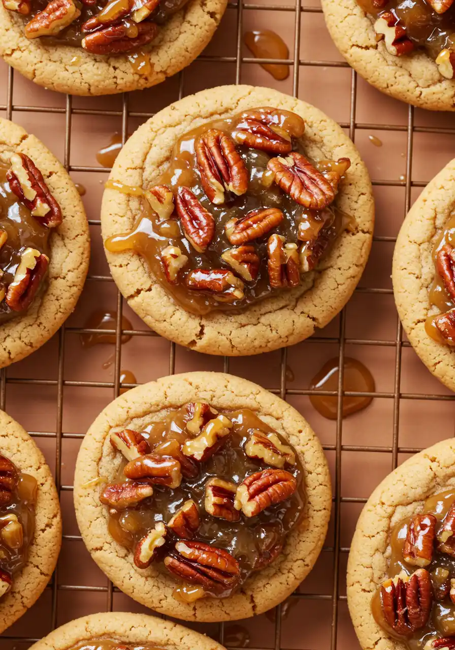 Pecan pie cookies placed on a cooling rack against a light orange surface.