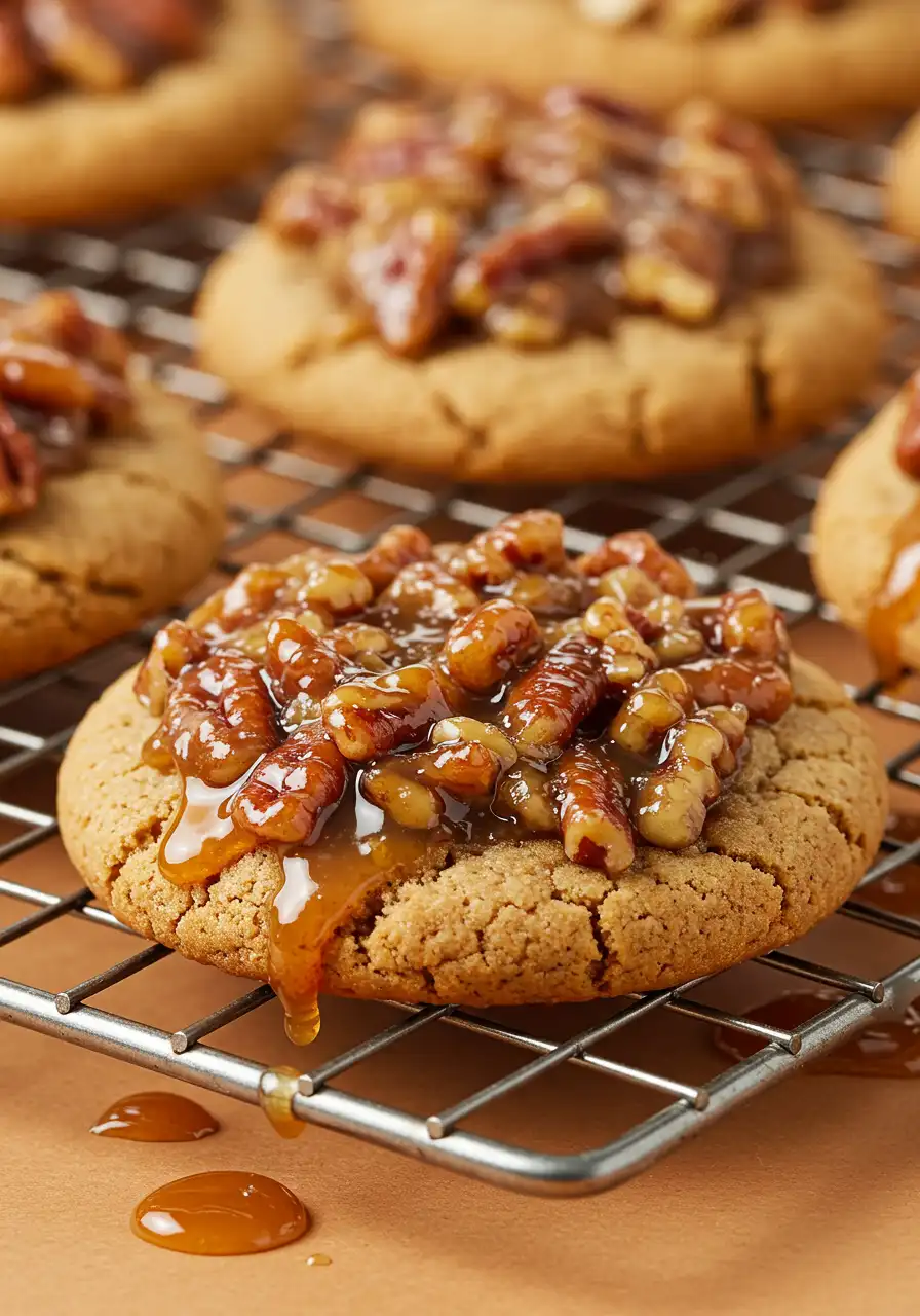 Pecan pie cookies placed on a cooling rack.
