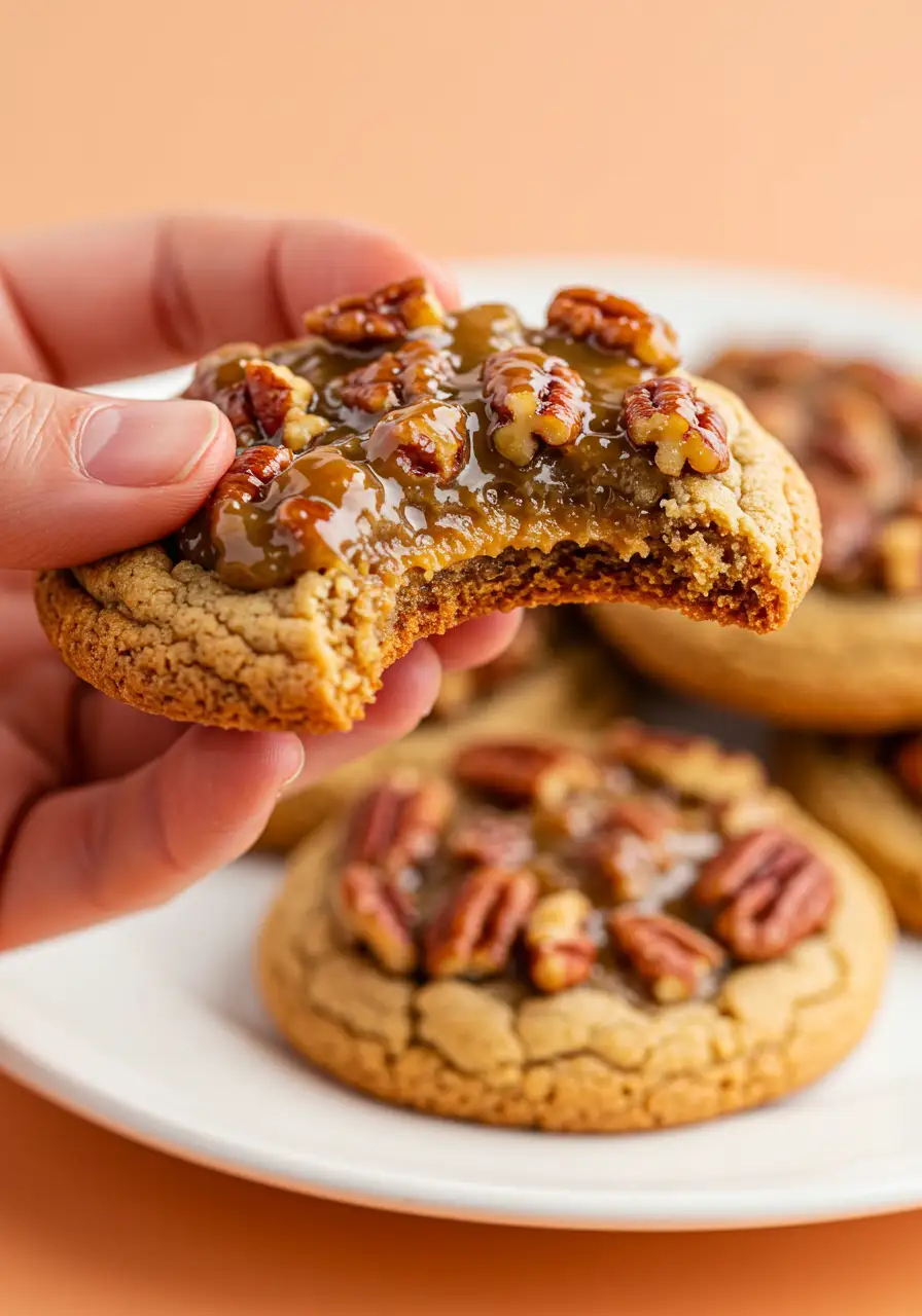 A hand holding one pecan pie cookie with a bite taken out of it and the plate with the remaining cookies behind.