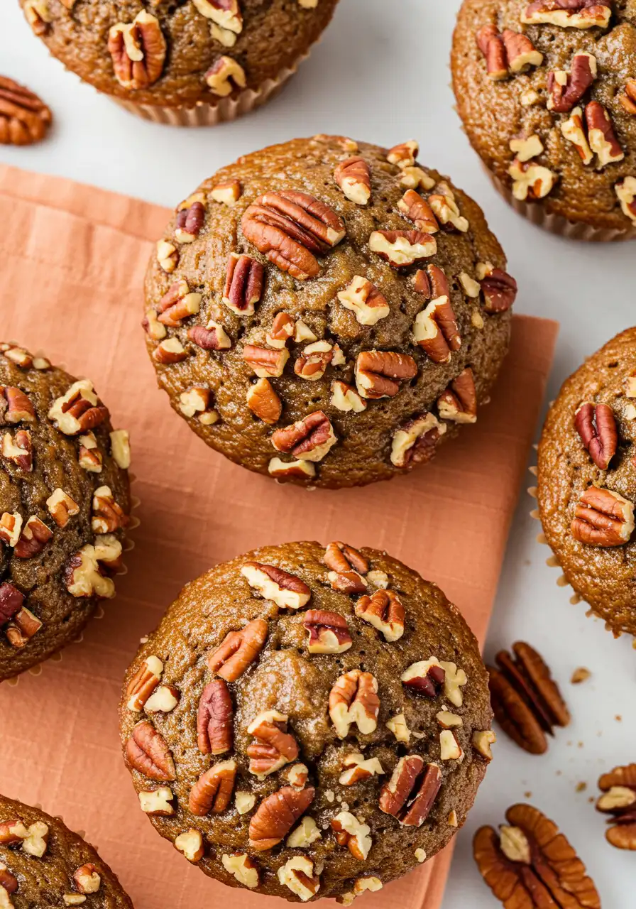 Pecan pie muffins on a light orange napkin.