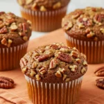 Pecan pie muffins on a light orange napkin against a white marble surface.