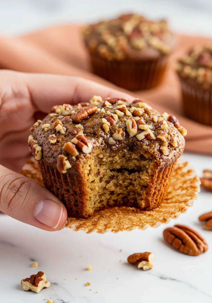 A hand holding a pecan pie muffin with a bite taken out of it.