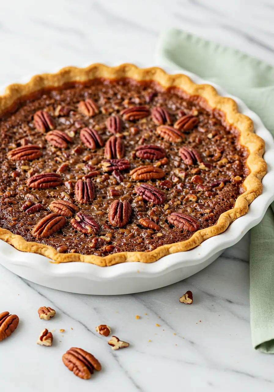 Pecan pie in a white dish and a green napkin next to it.