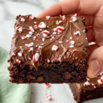 A hand holding a peppermint brownie with chocolate frosting.