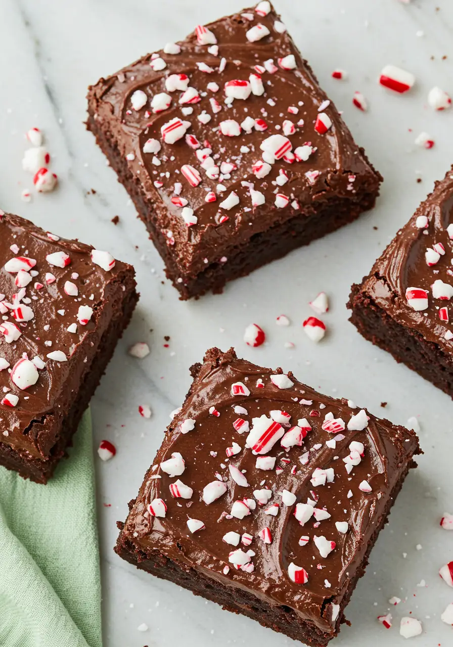 Peppermint brownies on a white surface and a light green napkin folded beside.