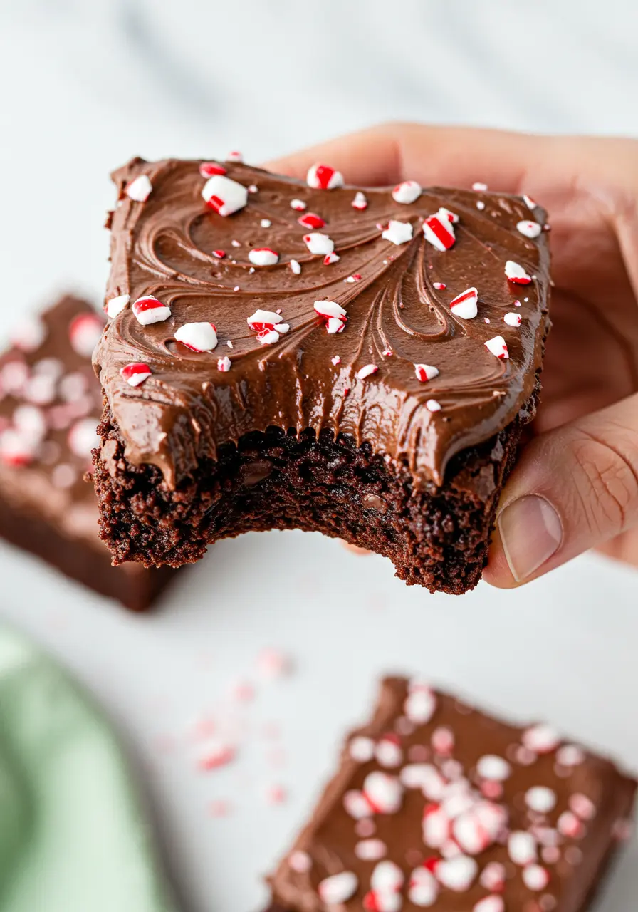 A hand holding a peppermint brownie with a big bite missing.