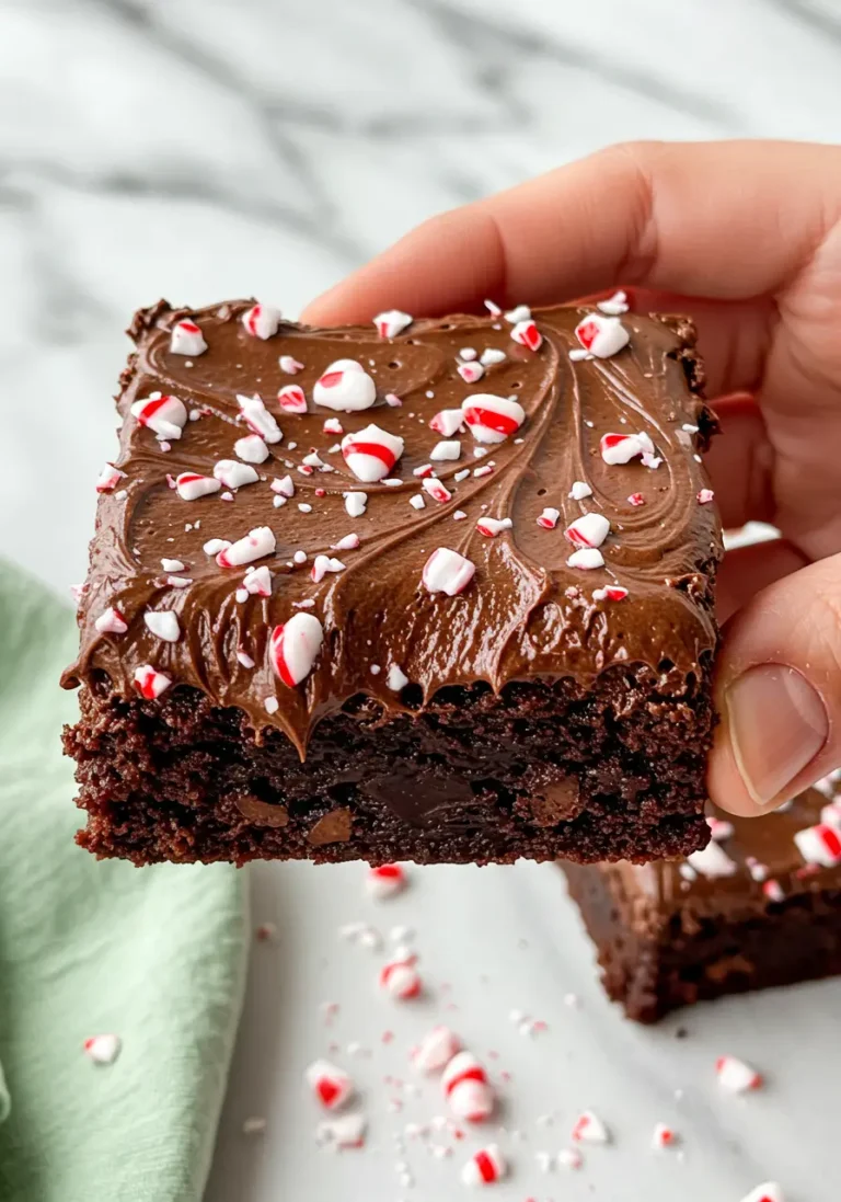 A hand holding a peppermint brownie with chocolate frosting.
