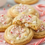 Peppermint cookies with white chocolate chips on a light pink napkin.