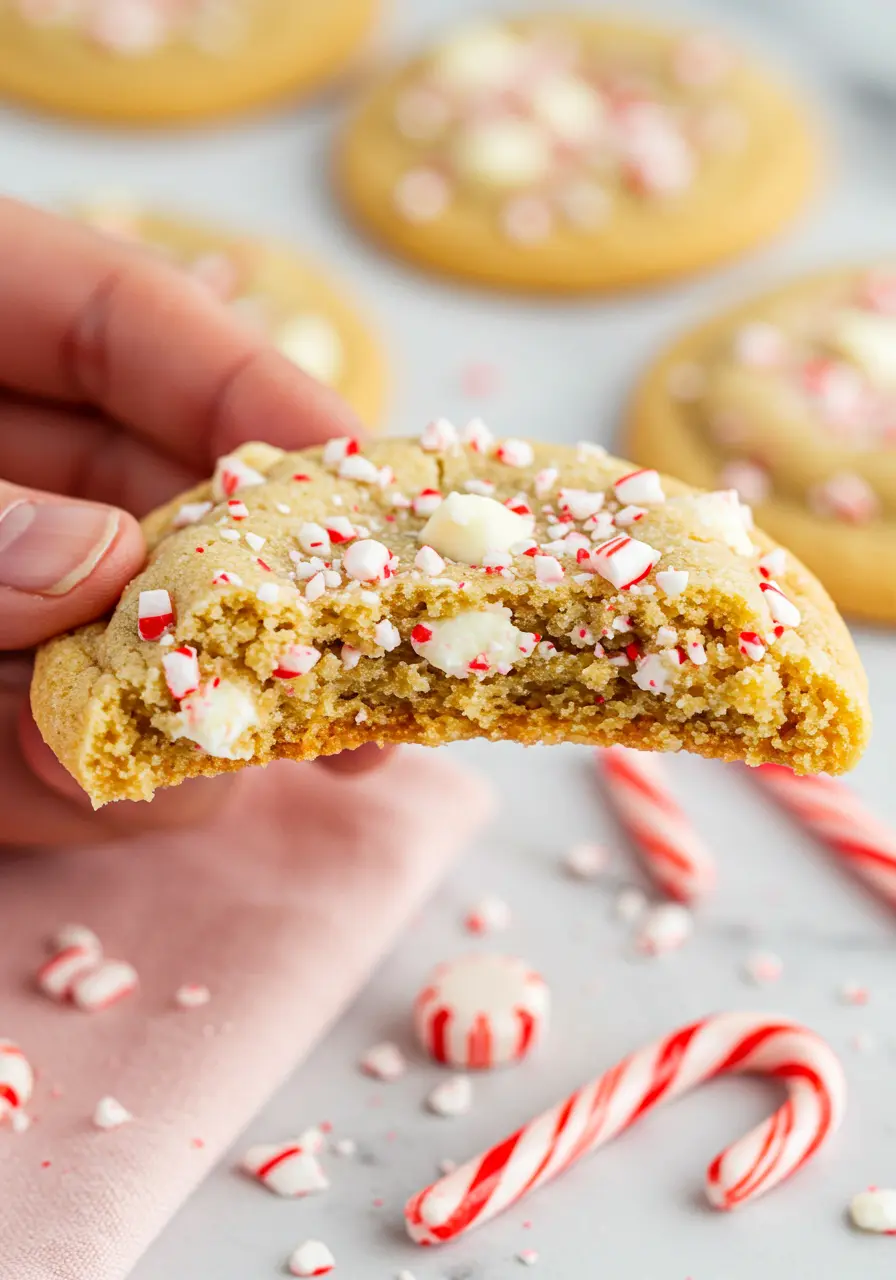 A hand holding a peppermint cookie with a bite missing.