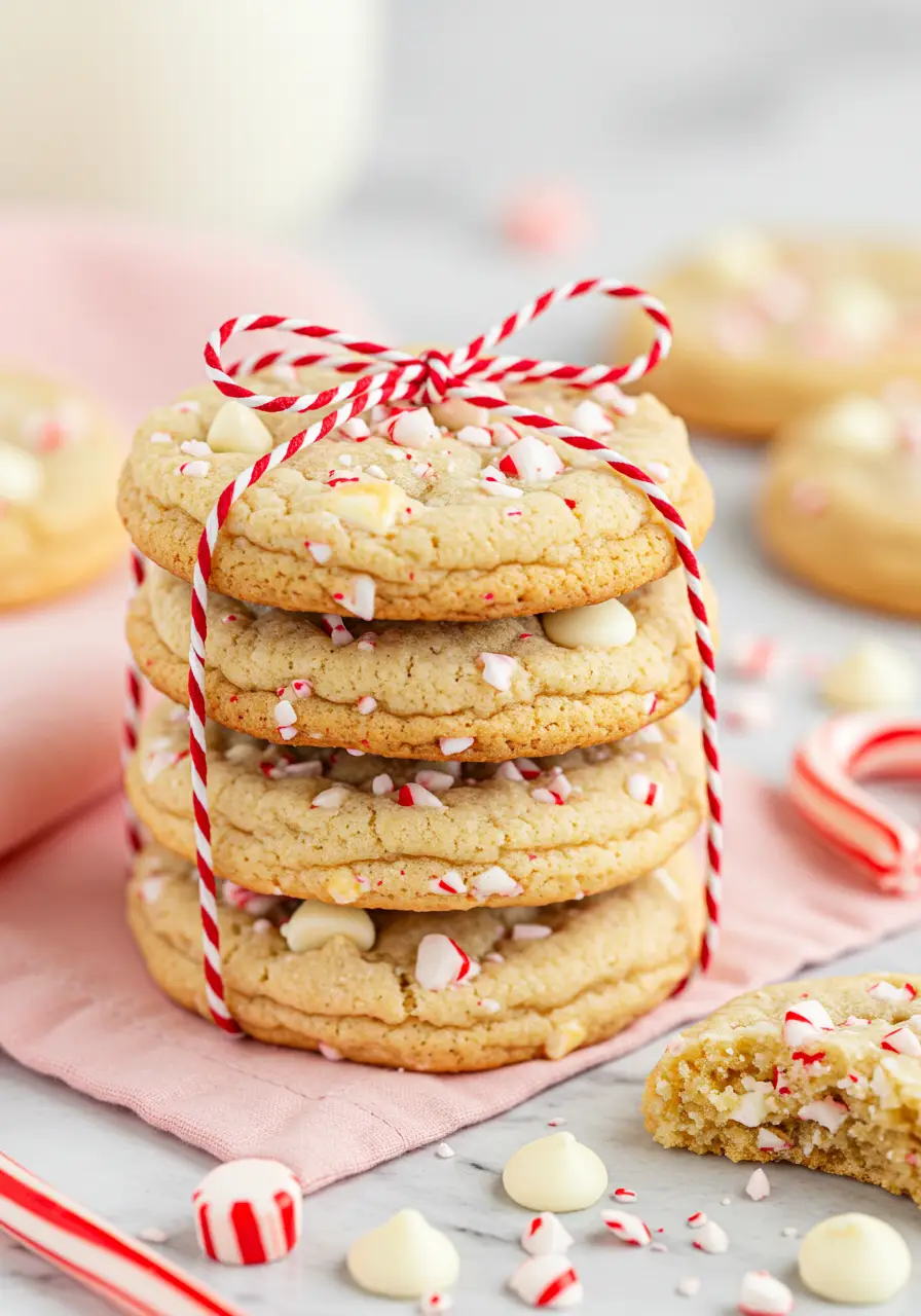 Four peppermint cookies stacked and tied with a red-and-white string.