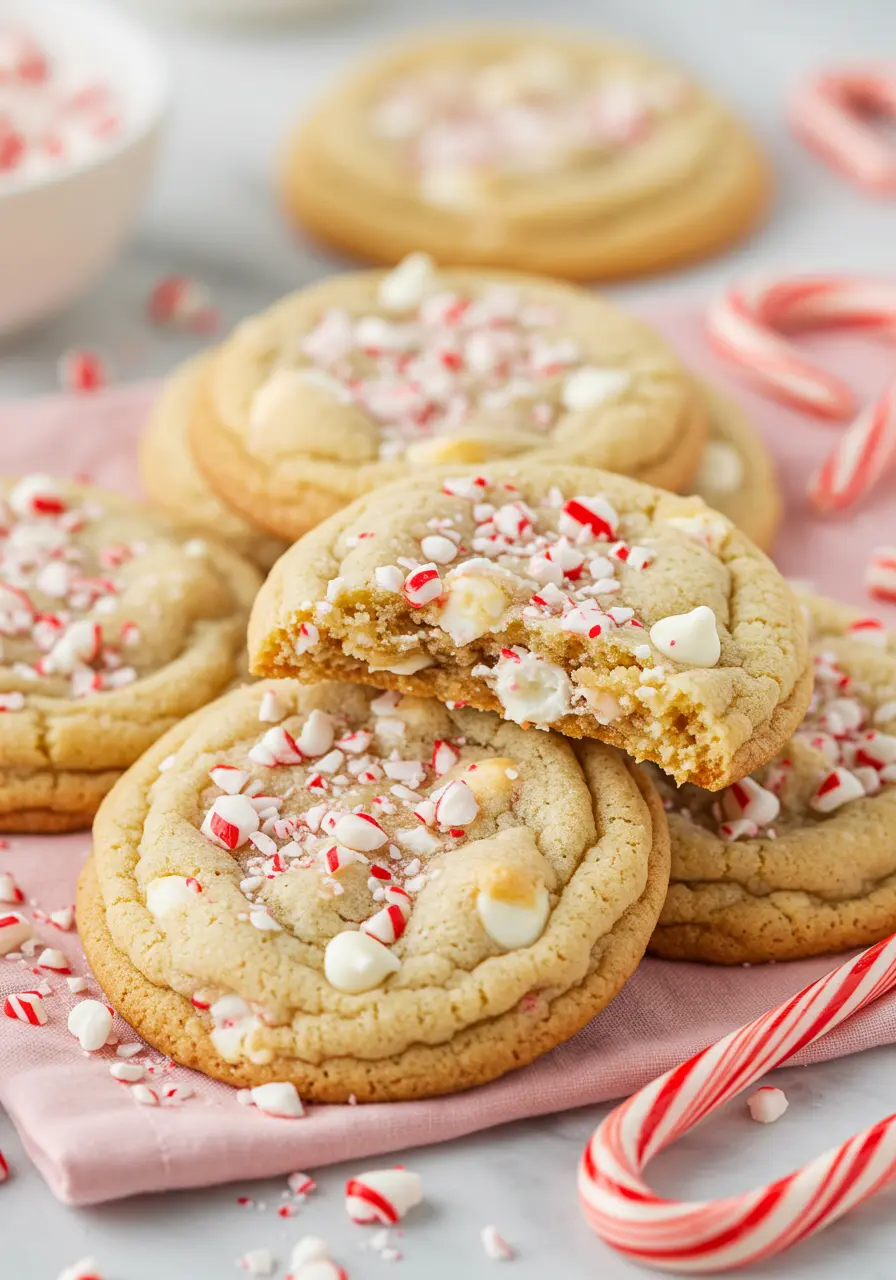 Peppermint cookies with white chocolate chips on a light pink napkin.