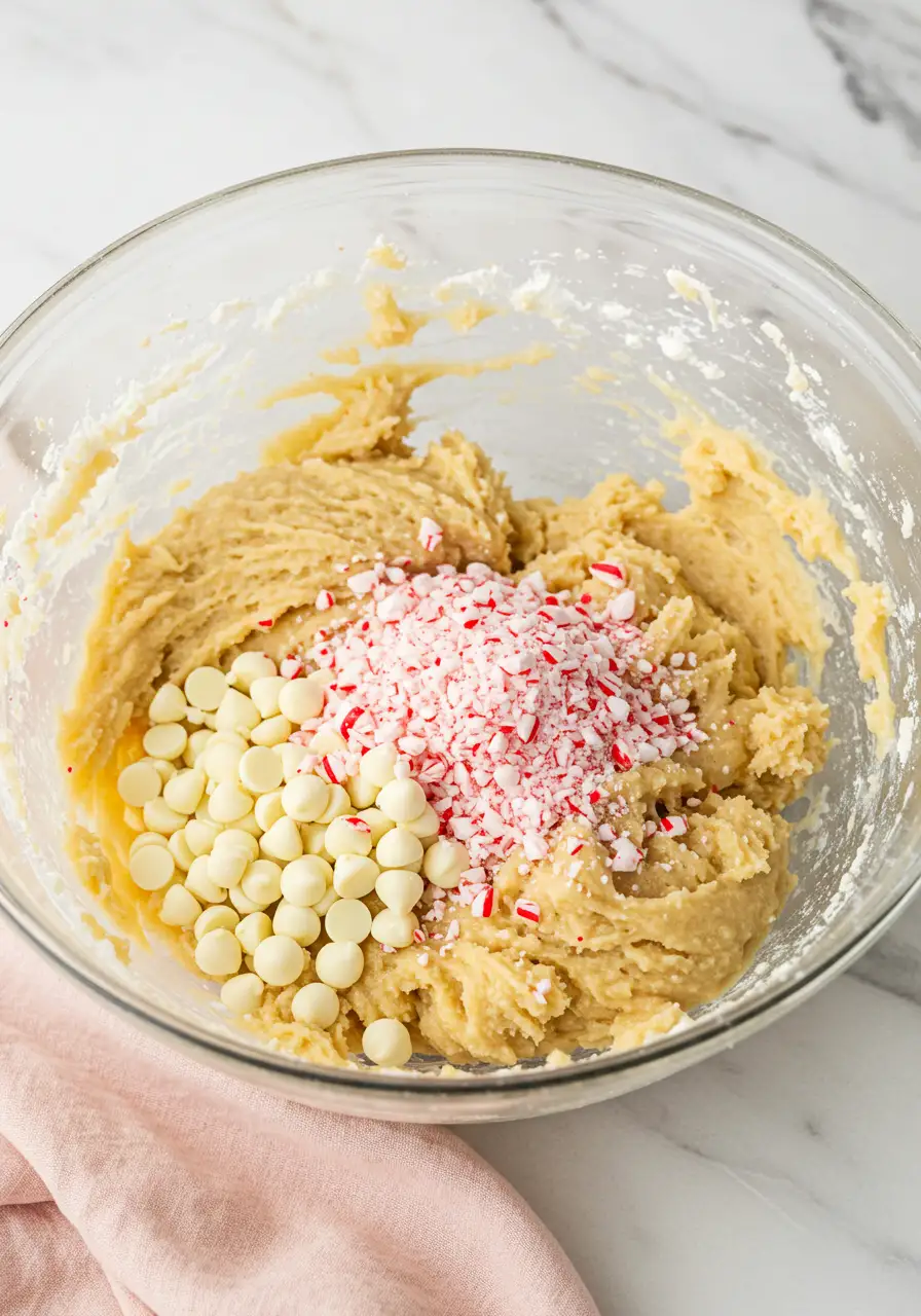Peppermint cookie dough with white chocolate chips and crushed peppermint candy.