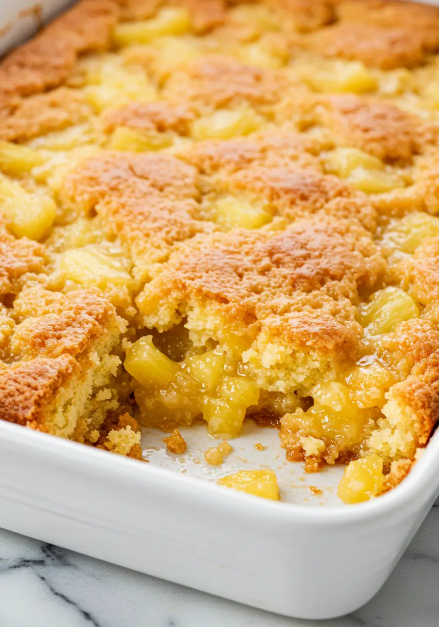 Pineapple dump cake on a white pan with a slice missing from it.