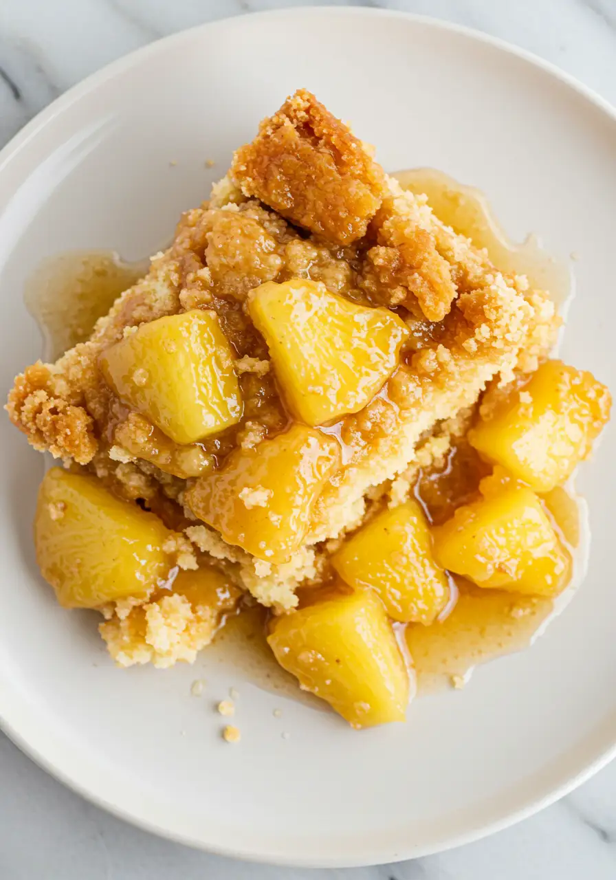 A slice of pineapple dump cake on a white plate.