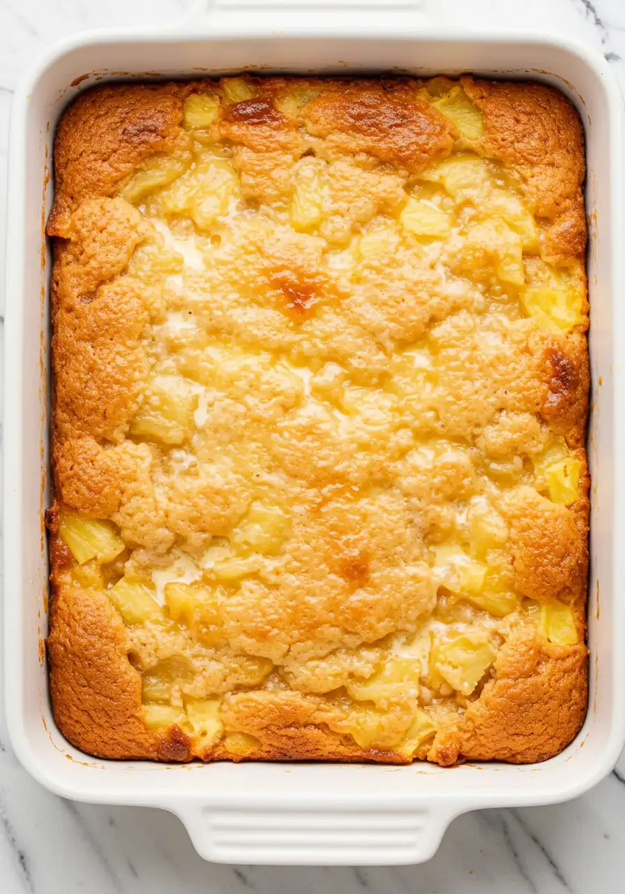 Pineapple dump cake on a white pan against a white marble surface.