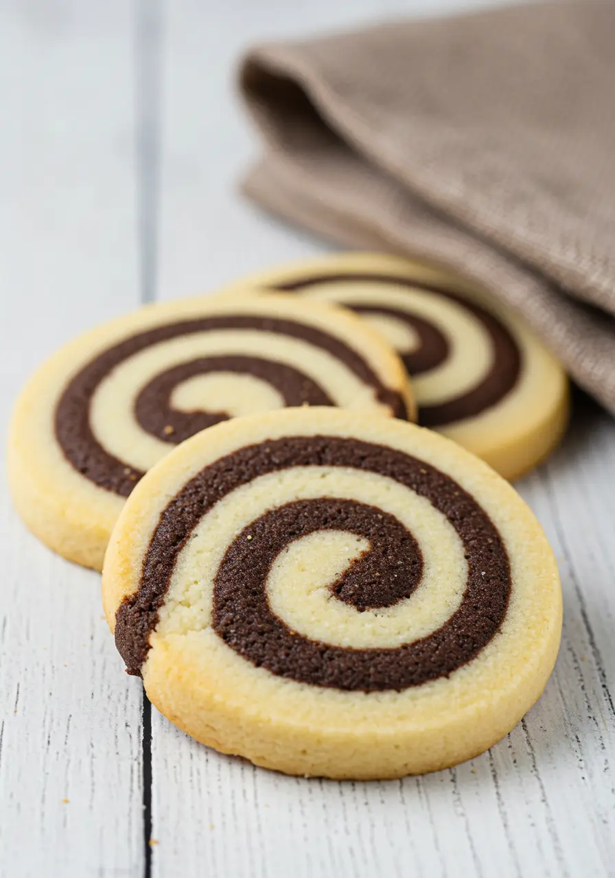 Three pinwheel cookies on a white wood surface.