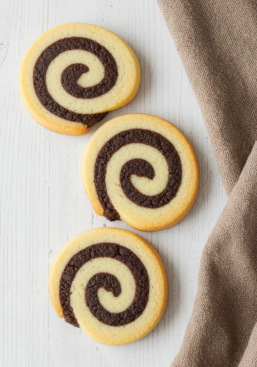 Pinwheel cookies on a white wood surface.