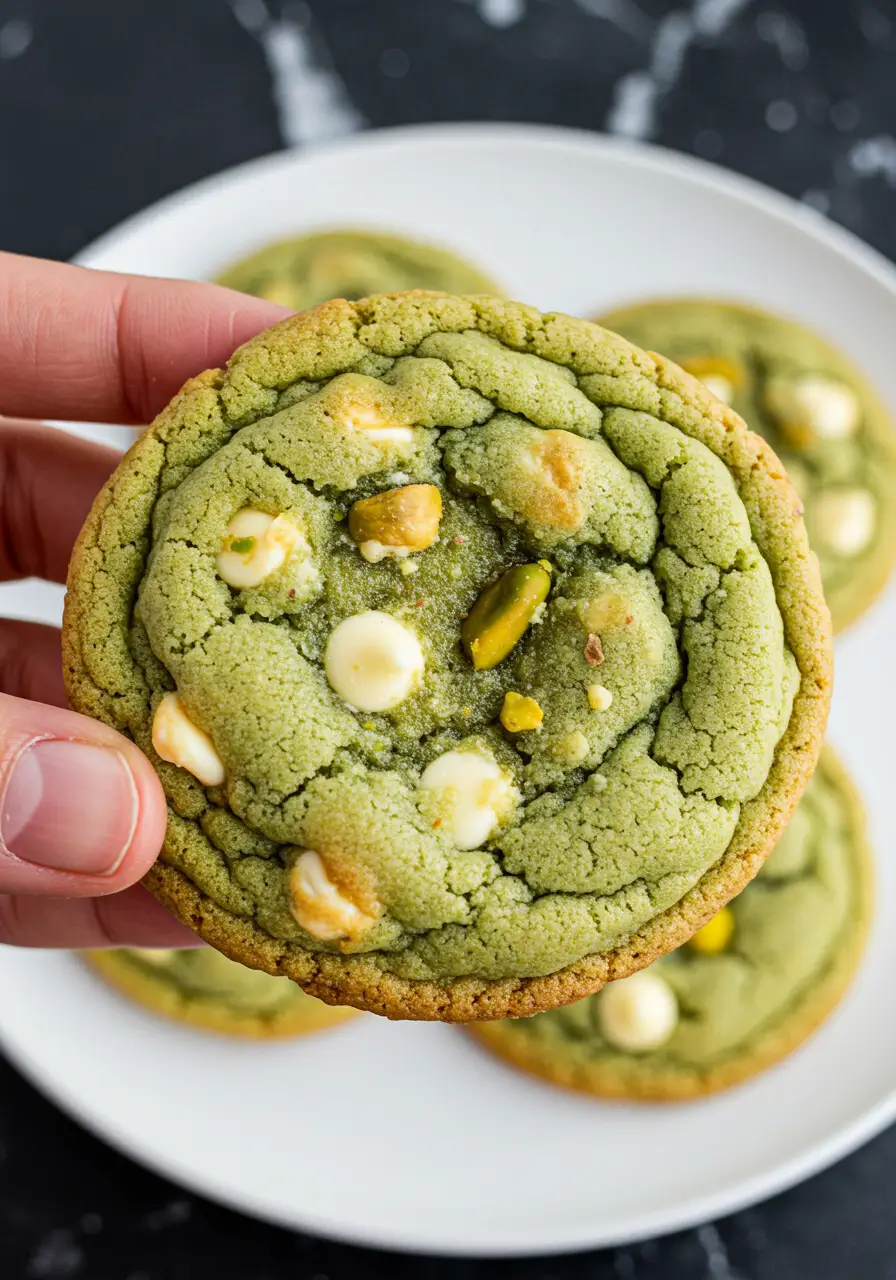 A hand holding one pistachio cookie.