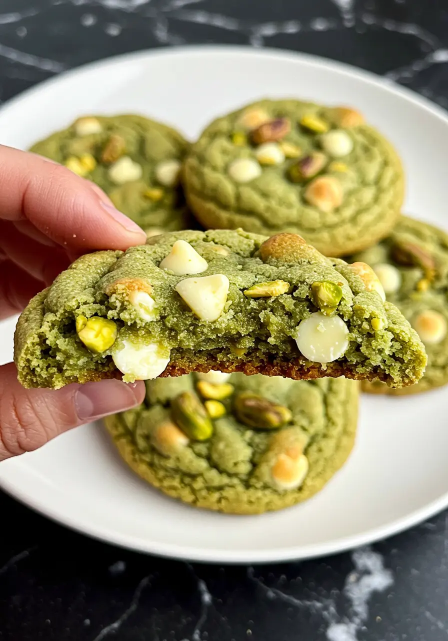 A hand holding one pistachio cookie with a bite taken out of it.