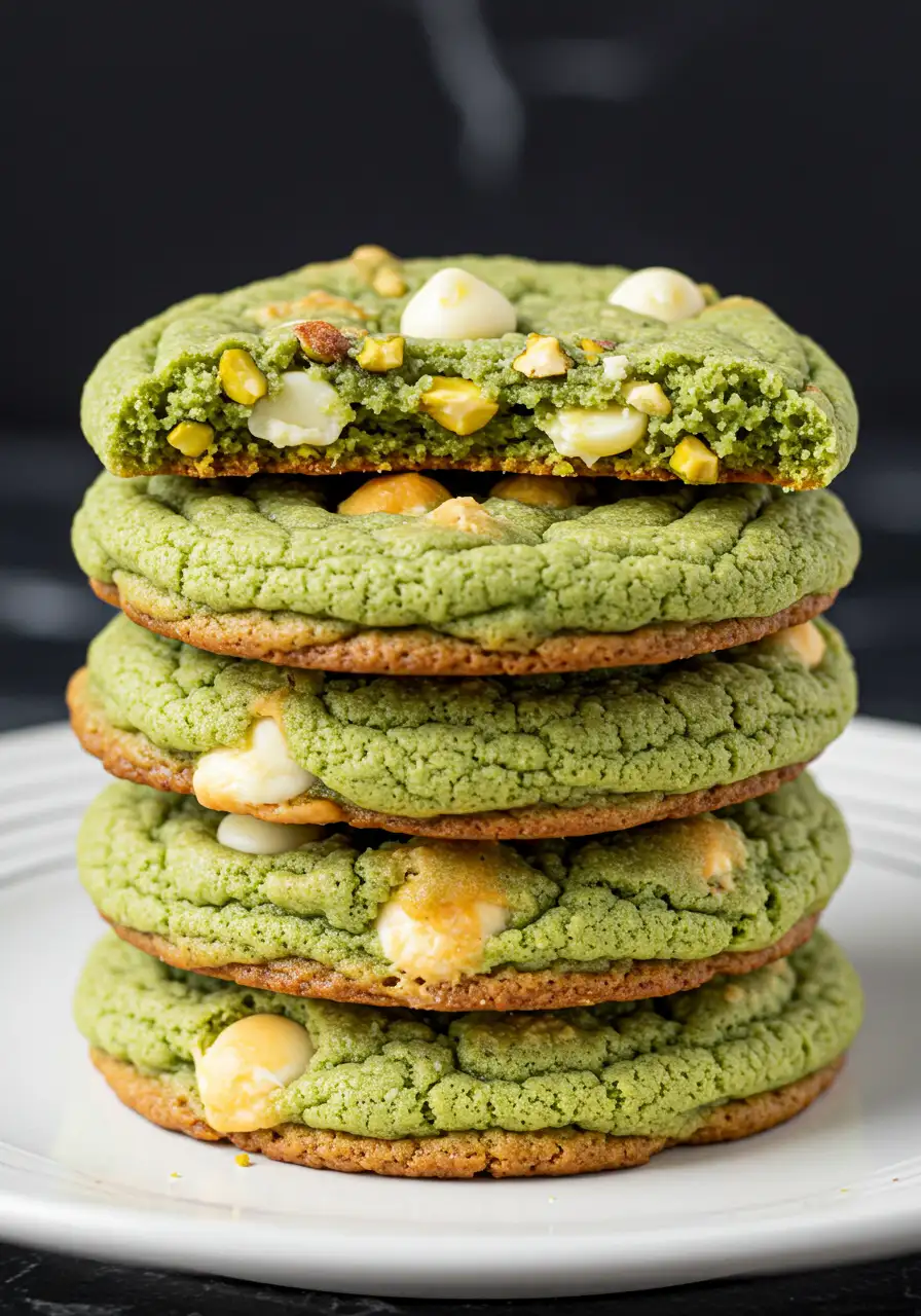 A stack of pistachio cookies on a white plate against a dark marble surface.