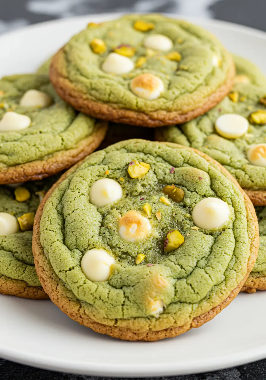 Pistachio cookies on a white plate.