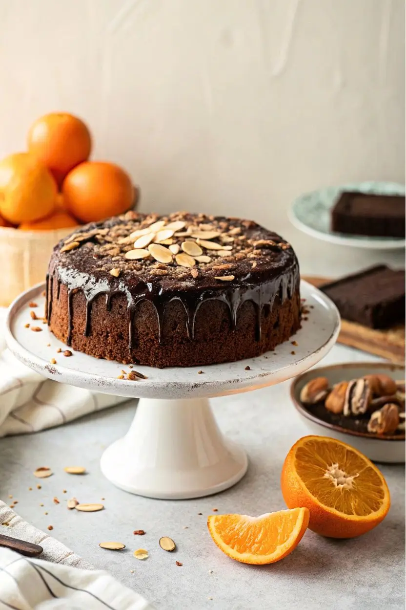 Prolific oven chocolate orange almond cake recipe on a white cake stand, topped with sliced almonds.