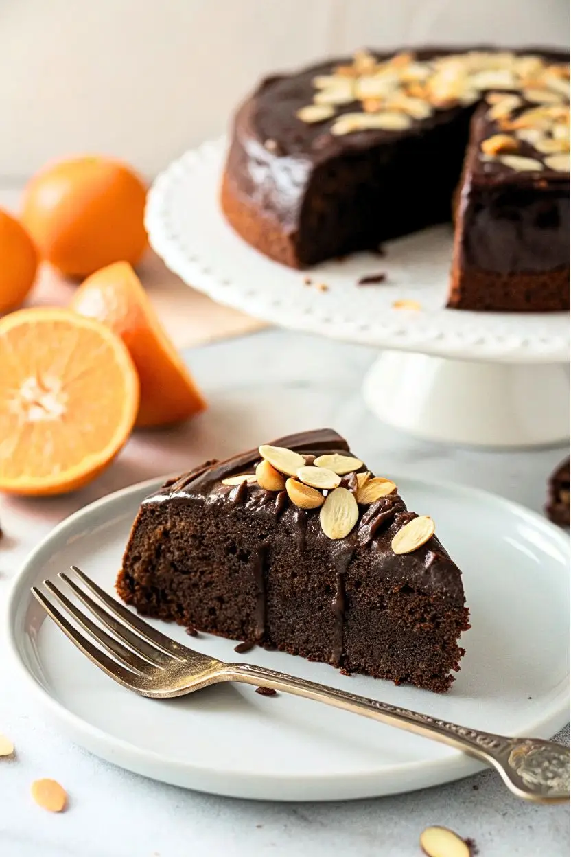 A slice of Prolific oven chocolate orange almond cake topped with sliced almonds on a white plate and a golden fork next to it.