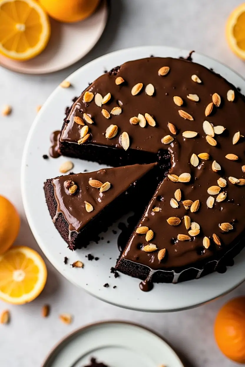 Prolific oven chocolate orange almond cake recipe topped with sliced almonds and a slice taken out of it.